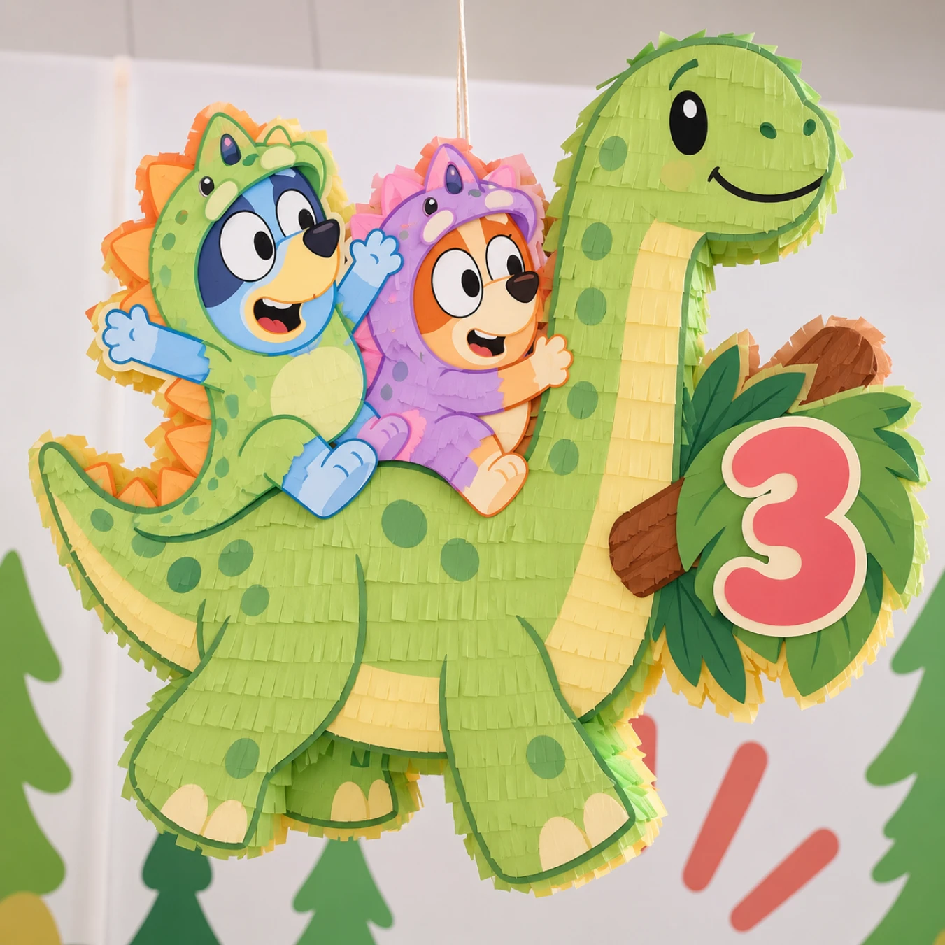 Piñata personalizada de dinosaurio con personajes y el número 3